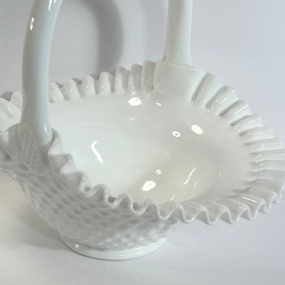 Fenton Hobnail Milk Glass Crimped Handle Ruffled Fluted Edge Basket 9 3/4" VTG